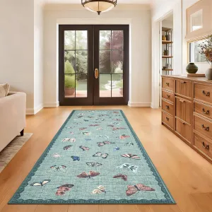 Butterfly Area Rug 2x6 Light Green, No Slip Washable Low-Profile Carpet for Bedroom Living Room Dining Room