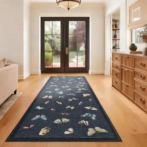Area Rug 2x6, No Slip Washable Butterfly Pattern Rug for Living Room Bedroom Dining Room, Black, Low-Pile Design