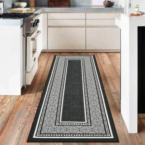 Modern Neutral Bordered Runner Rugs, Black 2'X6' Soft Washable Non Slip Solid Geometric Long Throw Carpet for Living Room Bedroom Dining Nursery Apartment Dorm Office Farmhouse Hallway Entrway