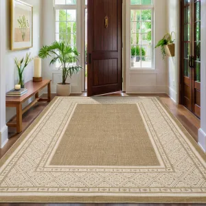 Modern Neutral Bordered Area Rug 9'x12' Soft Washable Non-Slip Polyester Geometric Pattern Living Room Bedroom
