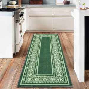 Modern Neutral Bordered Runner Rugs, Green 2'X6' Soft Washable Non Slip Solid Geometric Long Throw Carpet for Living Room Bedroom Dining Nursery Apartment Dorm Office Farmhouse Hallway Entrway