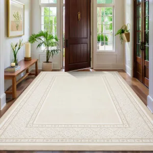 Modern Neutral Bordered Area Rug Beige 5x7 - Soft Washable Non-Slip Polyester - Geometric Pattern Low-Pile - Living Room Bedroom Office