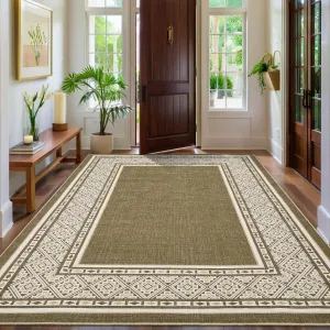 Modern Neutral Bordered Area Rug Brown 5x7 Soft Washable Non-Slip Polyester Geometric Low-Pile Living Room Bedroom Nursery