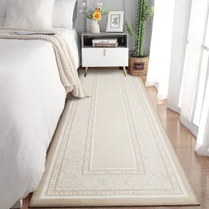 Modern Neutral Bordered Runner Rugs Beige 2'X6' Soft Washable Non Slip Geometric Carpet for Living Room Bedroom