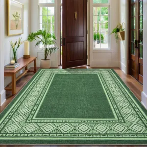 Modern Neutral Bordered Area Rug Green 5x7 - Soft Washable Non-Slip Polyester - Geometric Pattern, Low-Pile - Living Room, Bedroom, Office