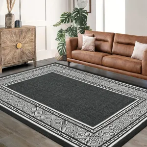 Modern Neutral Bordered Area Rug Black 9x12 Soft Washable Non-Slip Polyester Large Geometric Living Room Bedroom