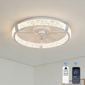 20" Modern Caged Flush Mount Ceiling Fan with Light, Dimmable & Brightness Adjustable, Remote & APP Control for Bedroom Living Room Kitchen Dining Room, White