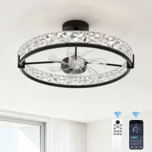 20" Modern Caged Flush Mount Ceiling Fan with Light, Dimmable & Brightness Adjustable, Remote & APP Control for Bedroom Living Room Kitchen Dining Room, Black