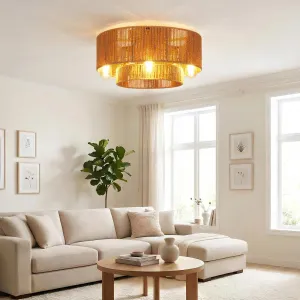 20.5" Boho Layered Rattan Caged Ceiling Fans in Flush Mount Design with Lights and Remote Control, Reversible 6 Speeds for Bedroom Living Room