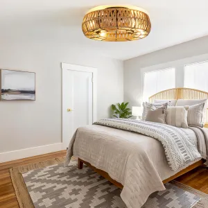 Rustic Caged Ceiling Fan with Light - 20 Inch Flush Mount Fandelier - Handwoven Industrial Fiber Rope Design - 6-Speed Reversible, Controller Operated - Ideal for Living Room, Bedroom, Kitchen