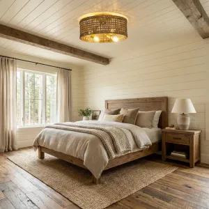 20" Boho Rattan Ceiling Fan with Light - Flush Mount Fandelier, Handwoven Caged Design, 6-Speed Reversible Remote, E26 Bulb Base - Bedroom Living Room Nursery