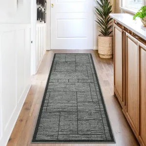 Geometric 2x6 Kitchen Rugs, Washable Non Slip Indoor Modern Hallway Runner, Low Pile Ultra Thin Stain Resistant Patchworked Throw Carpet, Dark Grey