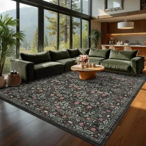 Washable 8x10 Area Rug Vintage Floral Brown Non-Slip Low Pile Stain Resistant Soft Large Carpet for Living Room Bedroom Dining Room Kitchen