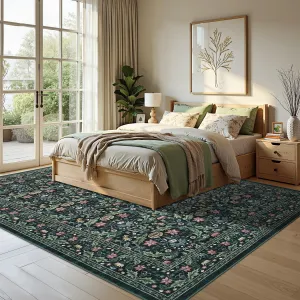 Washable 9x12 Area Rug Non-Slip Low Pile Stain Resistant Soft Large Carpet Vintage Floral Oriental Home Decor Green