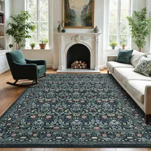 Washable 5x7 Area Rug Non-Slip Low Pile Stain Resistant Soft Carpet for Living Room Bedroom Dining Room Office Dark Black