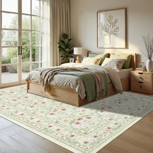 Washable 9x12 Area Rug Non-Slip Low Pile Stain Resistant Soft Large Carpet Vintage Floral Oriental Home Decor Beige Green