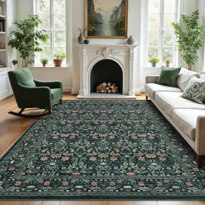 Washable 5x7 Area Rug Non-Slip Low Pile Stain Resistant Soft Carpet Vintage Floral Oriental Home Decor Green