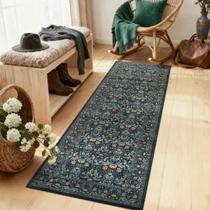 Washable 2x6 Runner Area Rug Non-Slip Low Pile Stain Resistant Soft Carpet Vintage Boho Floral Dark Black for Hallway Kitchen Bedroom Laundry Bathroom