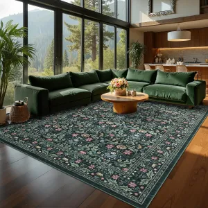 Washable 8x10 Area Rug Vintage Floral Green Non-Slip Low Pile Stain Resistant Soft Carpet for Living Room Bedroom Dining Room Kitchen