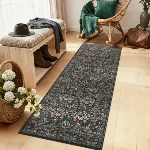 Washable 2x6 Runner Area Rug Non-Slip Low Pile Stain Resistant Soft Carpet Vintage Boho Floral Brown for Hallway Kitchen Bedroom Laundry Bathroom
