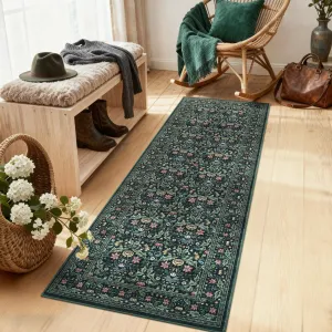 Washable 2x6 Runner Area Rug, Non-Slip Low Pile Stain Resistant Soft Carpet for Hallway Kitchen Bedroom Bathroom, Green