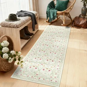 Washable 2x6 Runner Area Rug Non-Slip Low Pile Stain Resistant Soft Carpet Vintage Boho Floral Beige Green