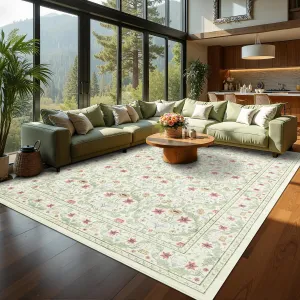 Washable 8x10 Area Rug Vintage Floral Non-Slip Low Pile Soft Carpet for Living Room Bedroom Dining Room Beige Green
