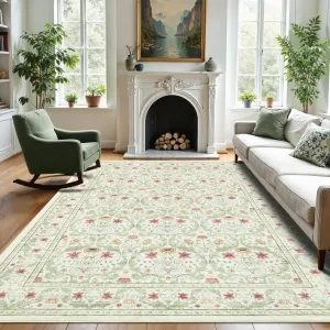 Washable 5x7 Area Rug Non-Slip Low Pile Stain Resistant Soft Carpet for Living Room Bedroom Dining Room Office Beige Green