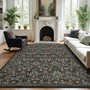 Washable 5x7 Area Rug Vintage Floral Oriental Non-Slip Low Pile Soft Carpet Brown for Living Room Bedroom Dining Room Office
