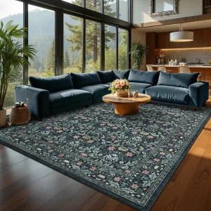 Washable 8x10 Area Rug Vintage Floral Non-Slip Low Pile Stain Resistant Soft Carpet for Living Room Bedroom Dining Room Dark Black