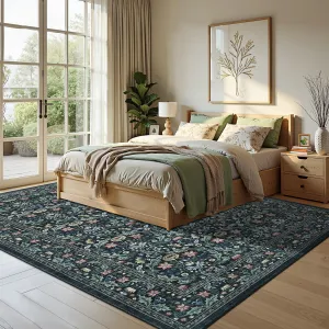 Washable 9x12 Area Rug Non-Slip Low Pile Stain Resistant Soft Large Carpet for Living Room Bedroom Dining Room Kitchen Dark Black