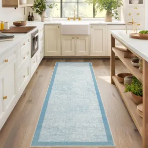 Washable Runner Rug 2x6, Geometric Non Slip Hallway Runner Rug for Entryway Kitchen Bedroom, Light Blue, Modern Bordered Low Pile Stain Resistant Carpet