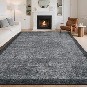 Living Room Area Rug 8x10, Washable Non Slip Stain Resistant Geometric Carpet, Ultra Thin Soft Dark Grey for Home Office Bedroom Dining Room