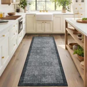 Washable Runner Rug 2x6, Geometric Non Slip Hallway Runner Rug for Entryway Kitchen Bedroom, Dark Grey