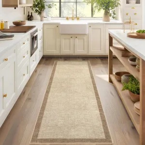 Washable Runner Rug 2x6, Geometric Non Slip Hallway Runner for Entryway Kitchen Bedroom, Taupe, Modern Bordered Low Pile Stain Resistant Carpet