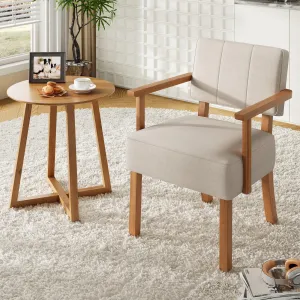 Mid-Century Modern Armchair with Wood Frame, Linen Fabric Accent Chair with Classic Vertical Stripe, Reading Leisure Chair for Living Room, Beige