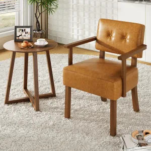 Mid-Century Modern Faux Leather Accent Chair with Button Tufting, Ergonomic Support, Wood Frame, Water-Resistant PU Leather, Reading Leisure Chair for Bedroom Living Room, Brown