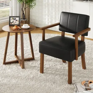 Mid-Century Modern Faux Leather Accent Chair with Vertical Stripe, Ergonomic Support, Wood Frame, Water-Resistant PU Leather, Reading Leisure Chair for Bedroom Living Room, Black