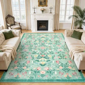 9x12 Washable Area Rugs Soft Carpet Indoor Floor Floral Non Slip Fade Resistant Foldable Mats Green