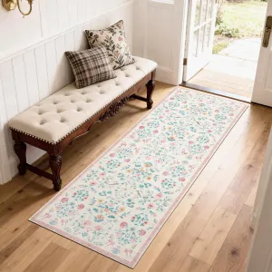 Washable 2x6 Runner Rugs Floral Carpet Soft Foldable Non-Slip TPR Backing Pink for Kitchen Hallway