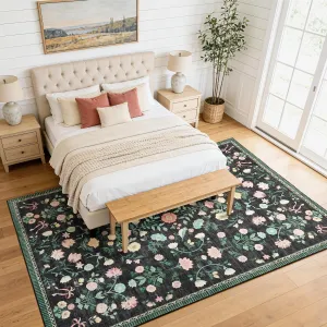 5x7 Washable Area Rugs Soft Carpet Indoor Floor Floral Large Carpets Non Slip Fade Resistant Black