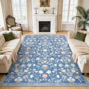 9x12 Washable Area Rugs Soft Carpet Indoor Floor Floral Large Carpets Non Slip Fade Resistant Foldable Mats Blue