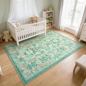 5x7 Washable Area Rugs Soft Carpet Indoor Floor Floral Large Carpets Non Slip Fade Resistant Foldable Mats Green