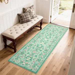 Washable Runner Rugs 2x6, Soft Floral Carpet, Non-Slip & Fade Resistant, Foldable Low Pile, Green, Ideal for Kitchen & Hallway