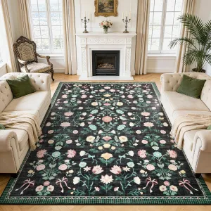 8x10 Washable Area Rugs Soft Carpet Indoor Floral Non Slip Foldable Mats Black for Living Room Bedroom Dining Room Home Office