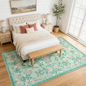 6x9 Washable Area Rugs Soft Carpet Indoor Floor Floral Large Carpets Non Slip Fade Resistant Foldable Mats Green