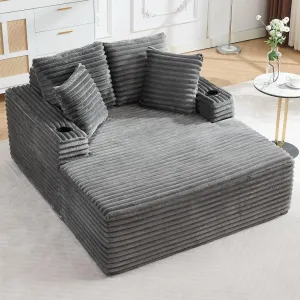 64" Oversized Chaise Lounge Chair, Upholstered Boneless Sofa Bed with Throw Pillows, Cup Holders and Armrests, Comfy Corduroy Sleeper Couch for Apartments, Living Room, Bedroom, Gray