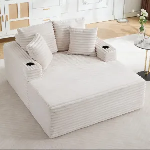 64" Oversized Chaise Lounge Chair, Upholstered Boneless Sofa Bed with Throw Pillows, Cup Holders and Armrests, Comfy Corduroy Sleeper Couch for Apartments, Living Room, Bedroom, Beige