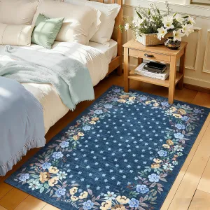 Blue 4x6 Washable Floral Area Rug with Non-Slip Backing for Bedroom Living Room Dining Room