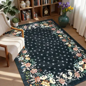 Black 4x6 Washable Floral Area Rug With Non-Slip Backing For Bedroom Living Room Dining Room, Low-Pile Carpet